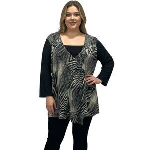 Claire France Plus Size Zebra Print 3/4 Sleeve Faux Layered Tunic Top Black 2X